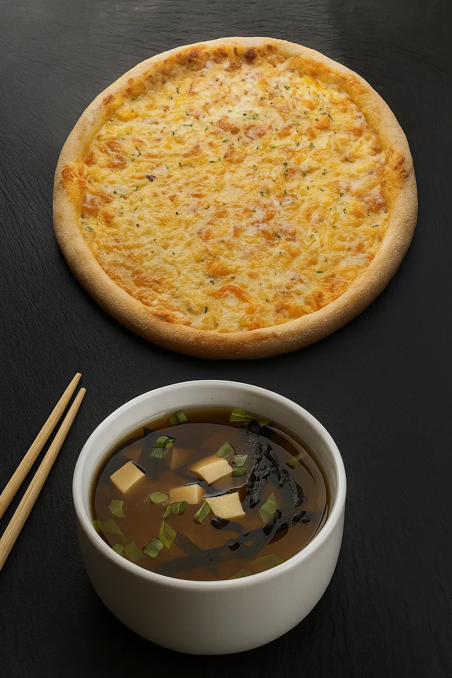 Мисо суп с лососем и пицца Сырная 25см