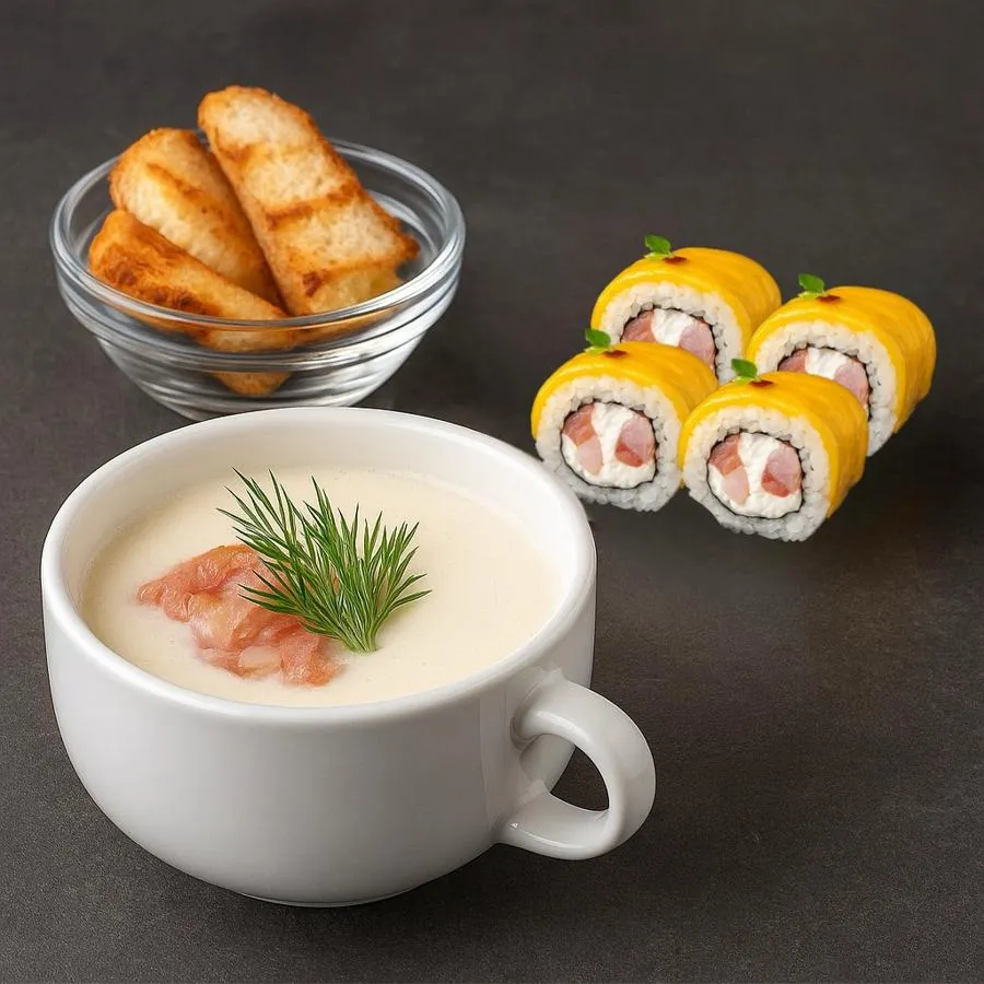 Сырный крем суп и ролл Запеченный Чиз 4 кусочка