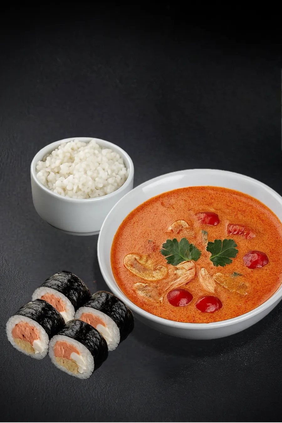 Суп Том Ям с креветками и ролл Запеченный лосось 4 кусочка