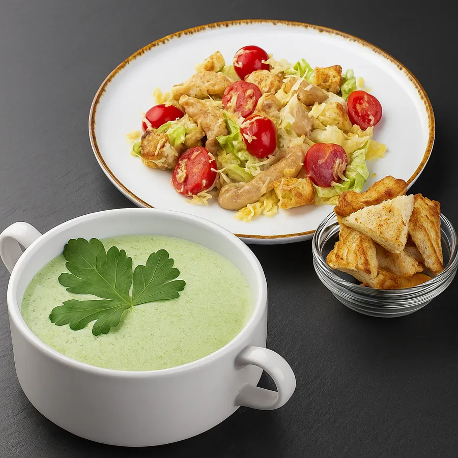 Крем суп из Брокколи и салат Цезарь с курицей