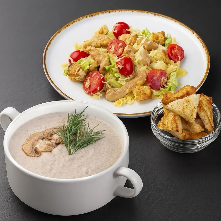 Грибной крем суп и салат Цезарь с курицей